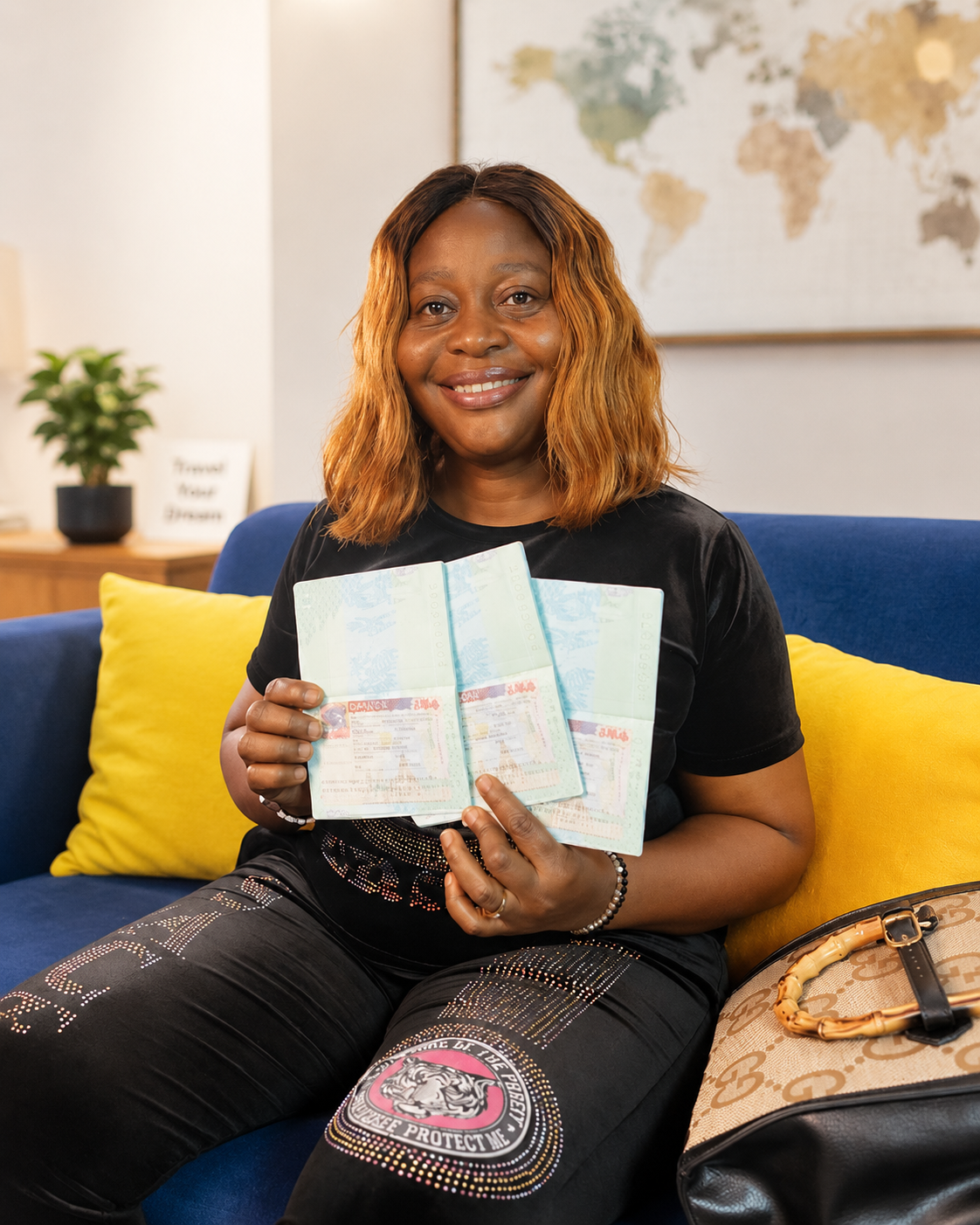 Mrs. Collins Nonye smiling with three passports