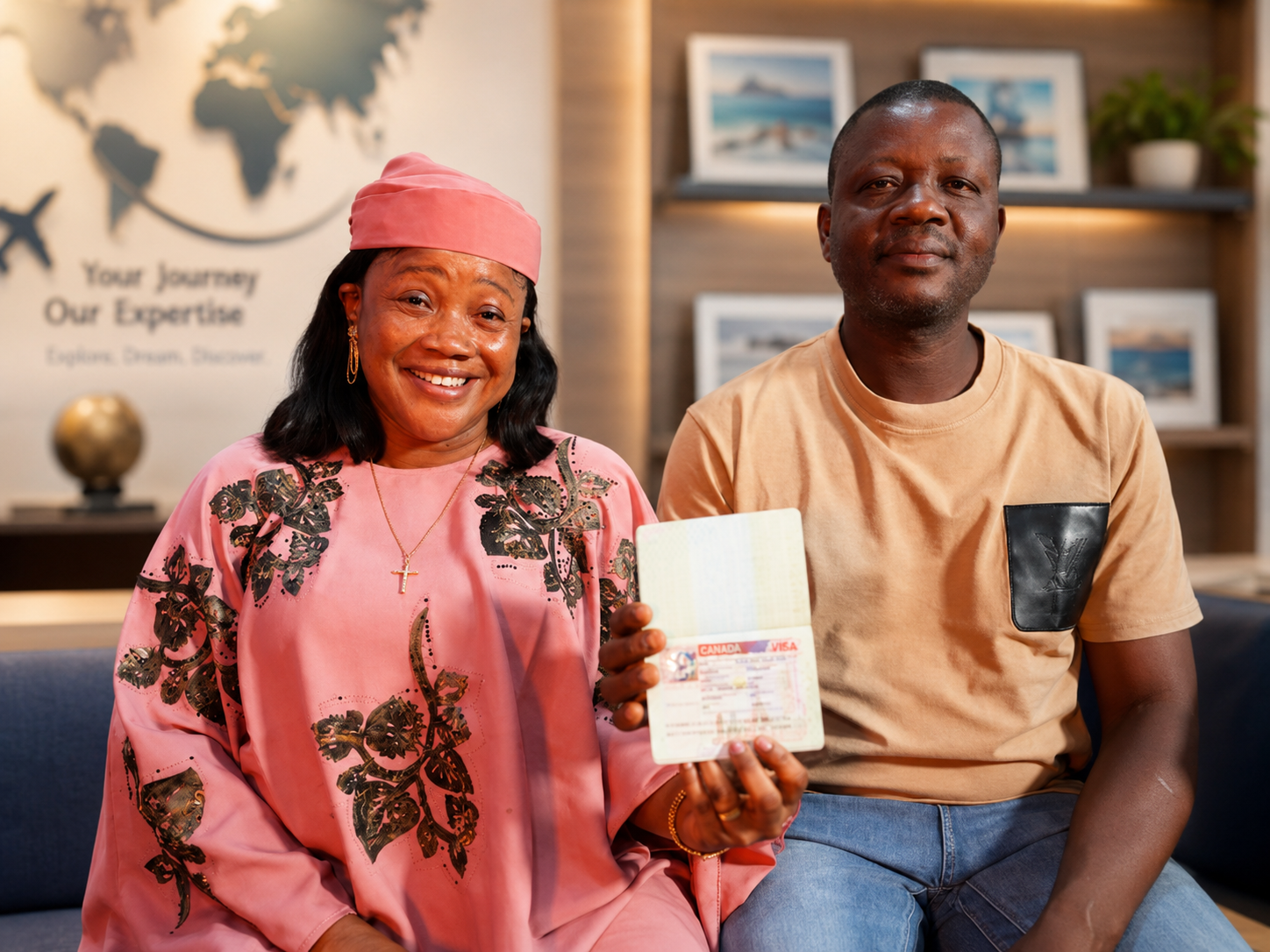 Muritala Kolawole Bello and family holding passports